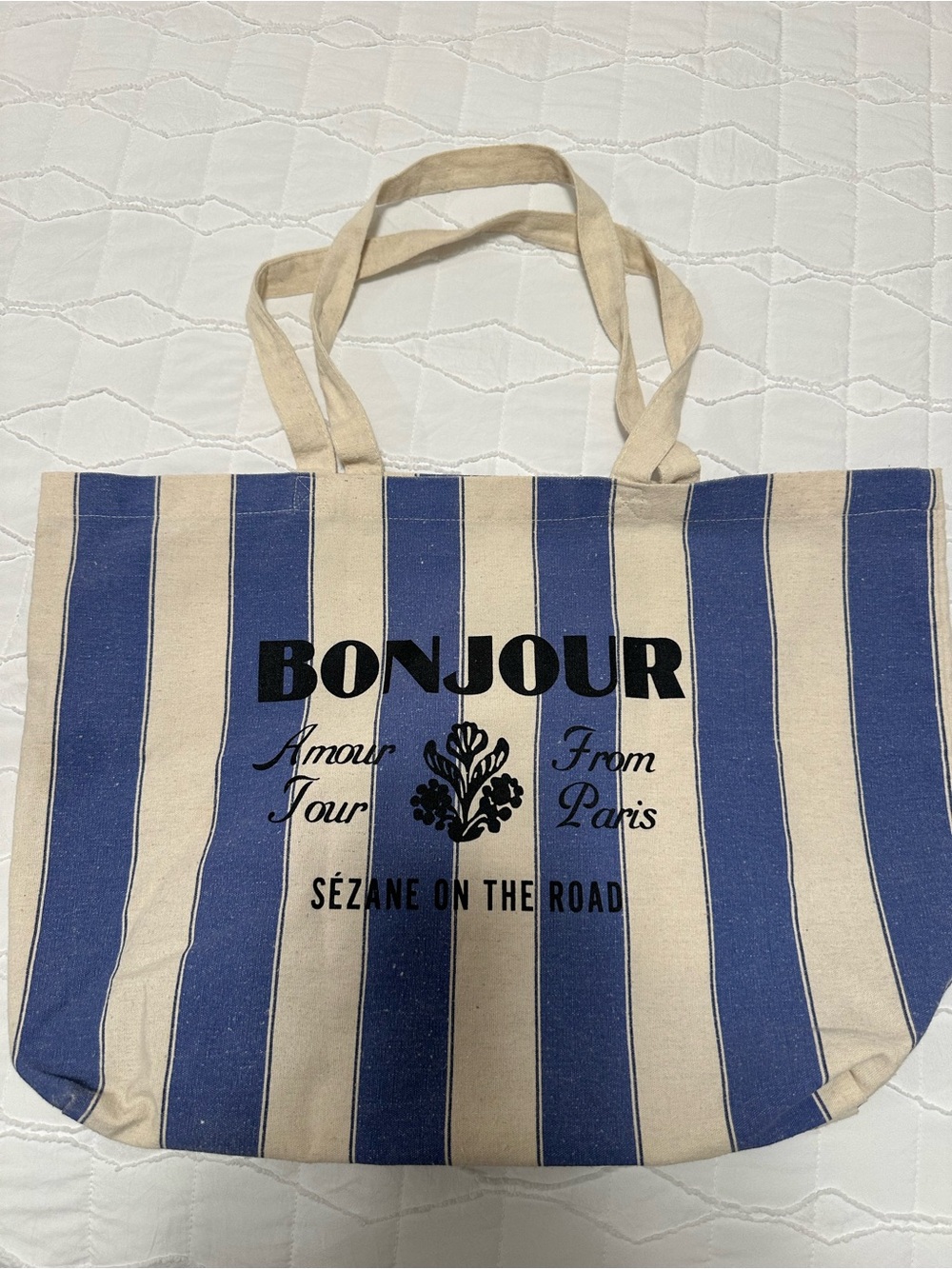 Sezane Blue and Cream Striped Bonjour Canvas Tote